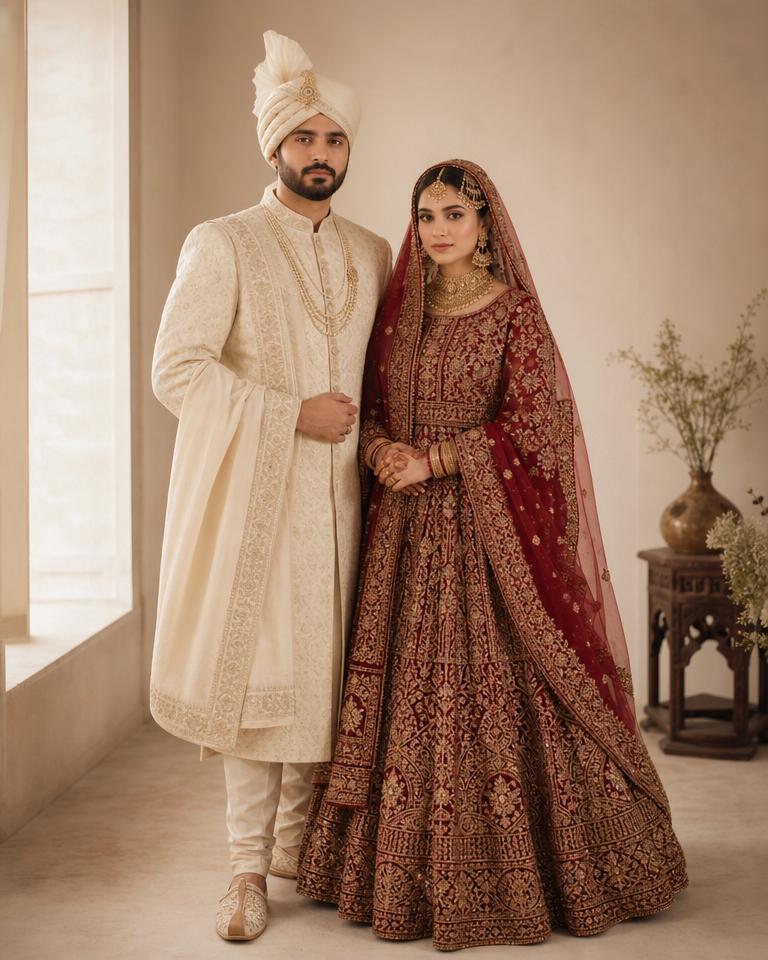 A Pakistani bride and groom in traditional wedding attire
