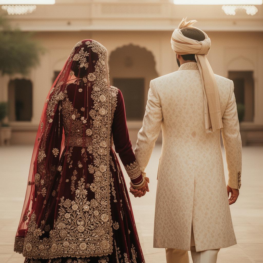 South Asian bride and groom walking hand in hand